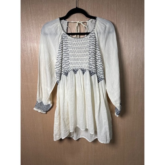 Free People Smocked Cream Boho Mini Dress XS Embroidered Tie Back Long Sleeve - Picture 1 of 6
